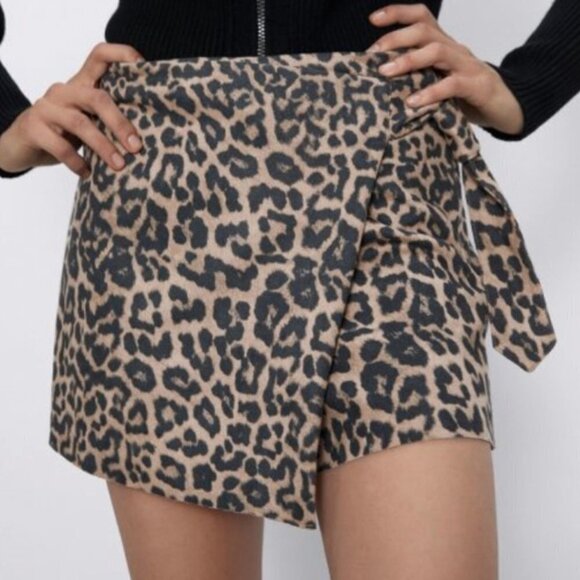 NWT ZARA CHEETAH SIDE TIE SKORT SKIRT MEDIUM BROWN - Picture 1 of 7